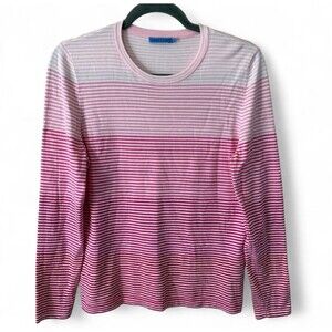 J. McLaughlin Striped Sweater Knit Top Large Pink White Ombre Pullover Crew Neck
